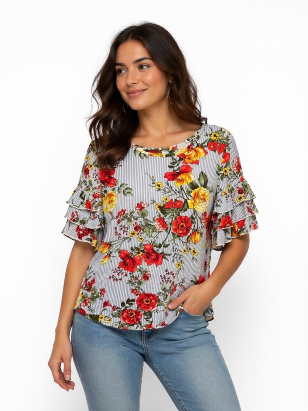 Wilde Floral Striped Ruffle Sleeve Top Cottage Core Lightweight